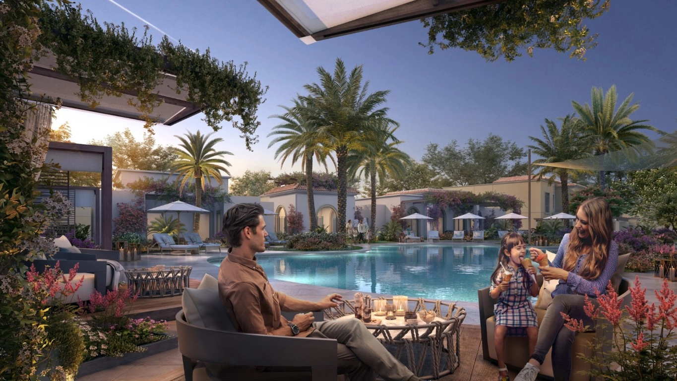 Sunset over Yas Park Views villas with wide streets and private gardens
